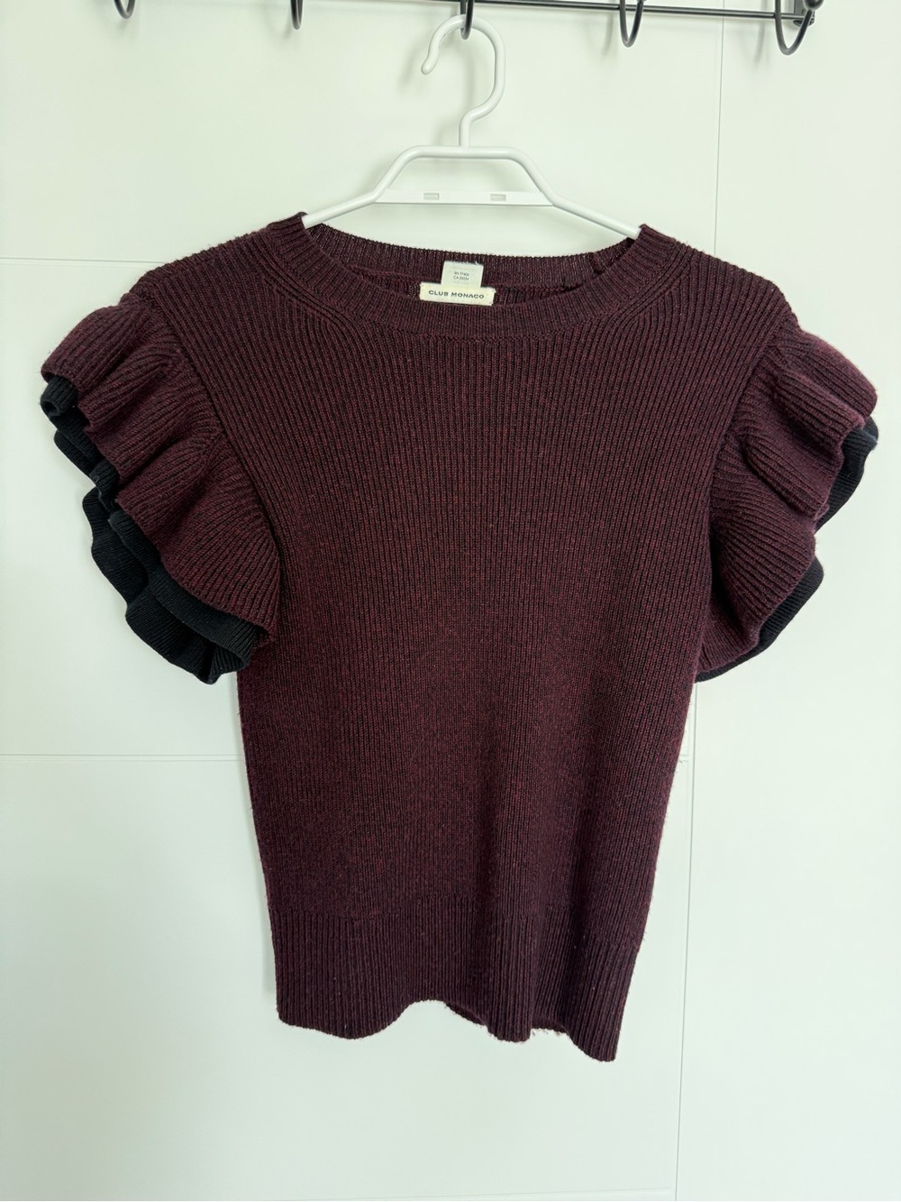 Club Monaco Burgundy Merino Wool Knit Top with Black Ruffle Sleeves